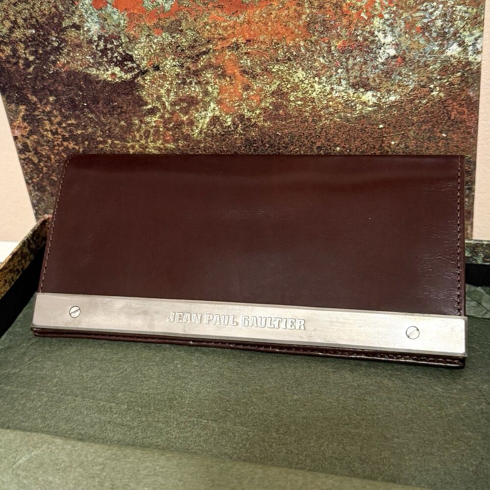 Vintage Jean Paul Gaultier Leather Wallet Brown Metal Logo Original Box NWT 90s
